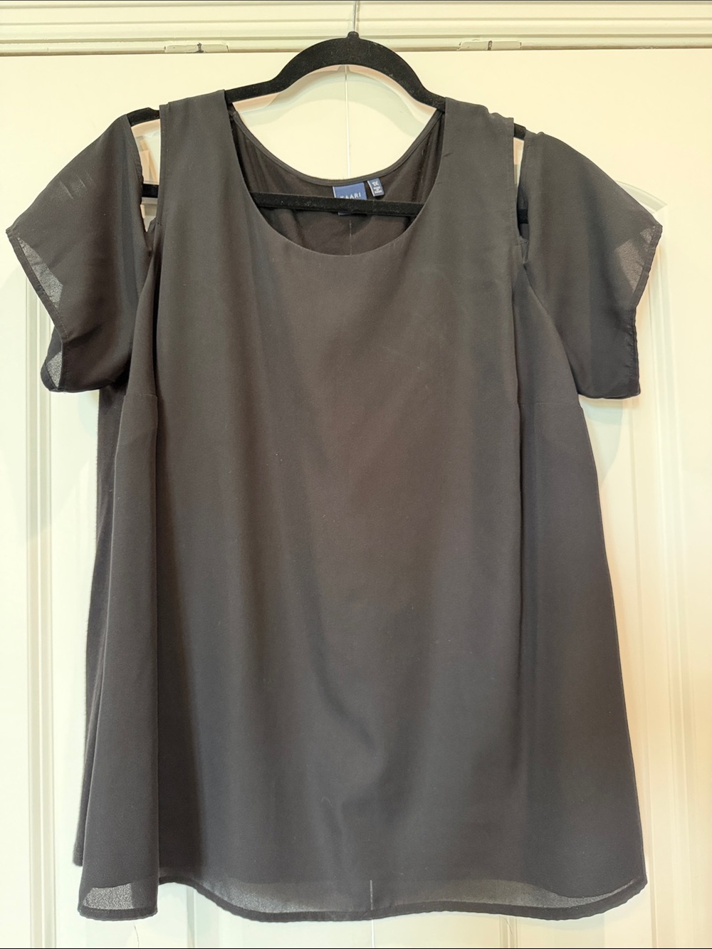 Kaari Blue Black Cold-Shoulder Chiffon Blouse